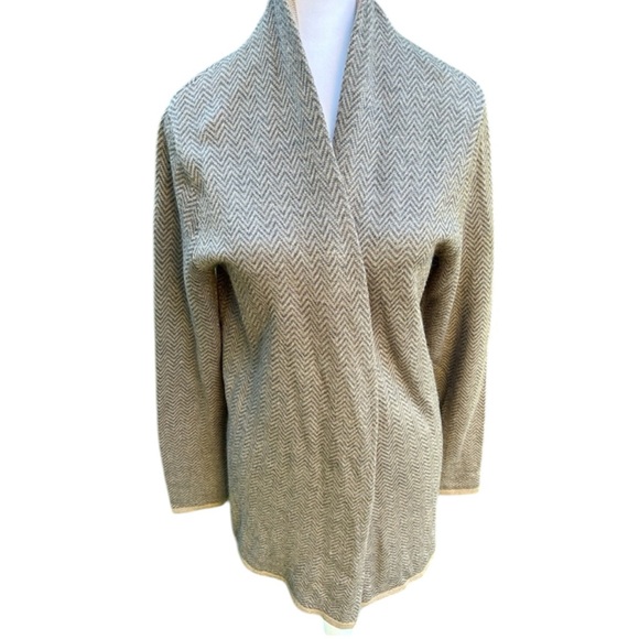 CYNTHIA ROWLEY grey/tan Merino wool blend shawl collar sweater - size L - Picture 1 of 7